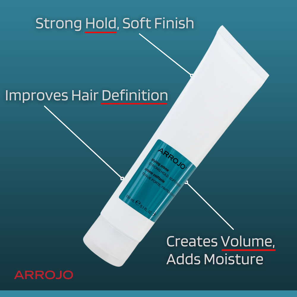 Volume-building styling creme for hold, smoothness, softness, moisture, control, and sheen