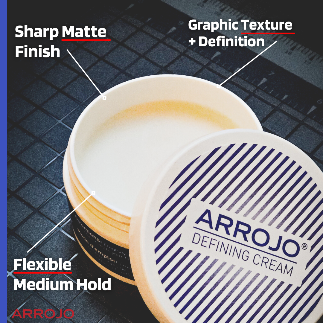 Arrojo Defining Cream. Hybrid of wax + pomade. Adds texture and increases definition